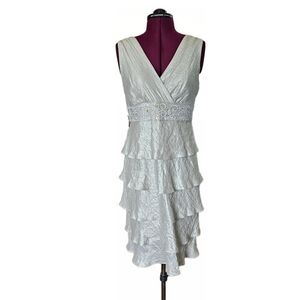 R&M Richards Iridescent Silver Jeweled Beaded Layered V Neck Cocktail Midi Dress